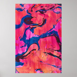 Impression d'art abstrait de style Ebru bleu rouge