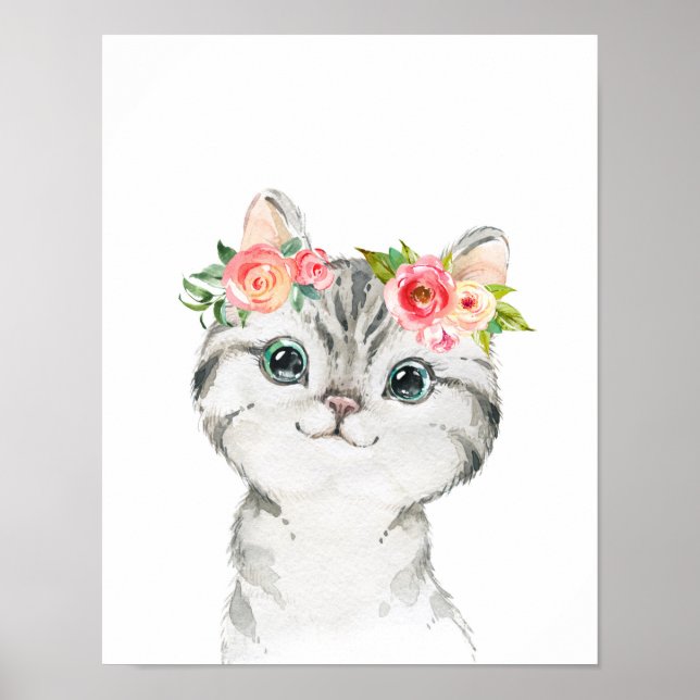 Impression d'art de chaton aux fleurs à l'aquarell (Devant)