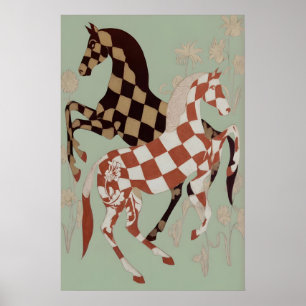 Impression d'art de cheval à damier - Floral vinta