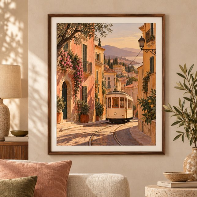 Impression d'art de tramway dans le quartier ocre (Styled display of Tram through the Ochre Quarter Art Print. Frame, mat and furnishings shown for illustration; select framing options separately.)