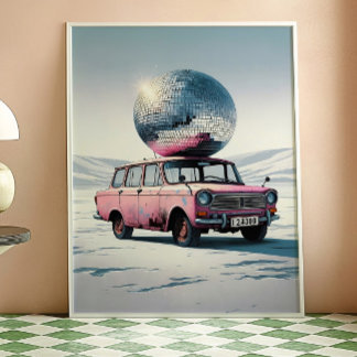 Impression d'art de voiture vintage rose avec boul