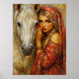 Impression d'art fine Femme avec cheval blanc