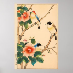 Impression d'art floral oiseau japonais - Bois vin