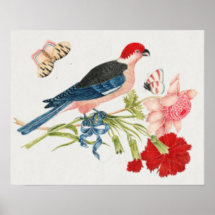 Impression d'art floral papillon oiseau rose vinta