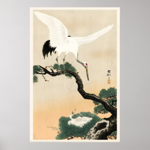 Impression d'art japonais de cigogne et de pin Ac