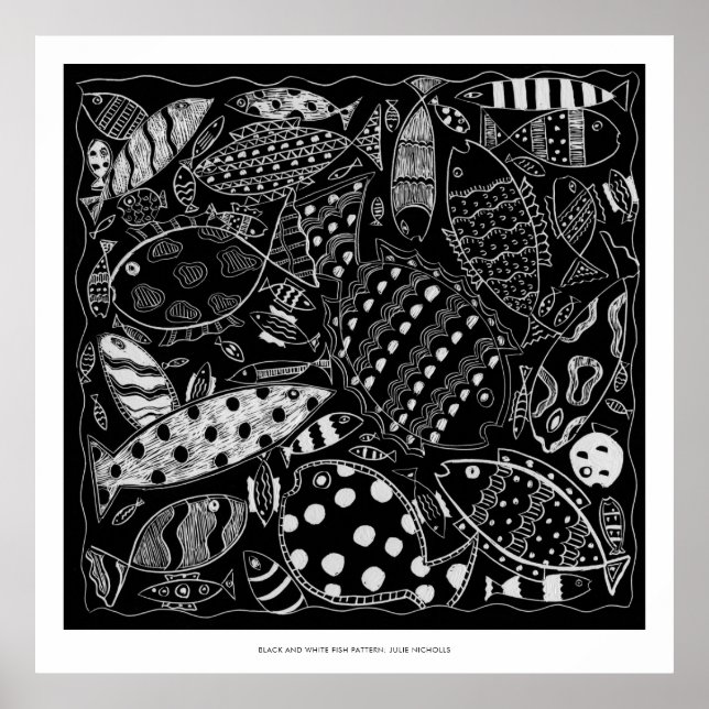 Impression d'art moderne à motif de poissons noir  (Devant)