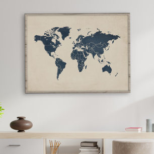 Impression d'art mural de carte du monde bleu mari