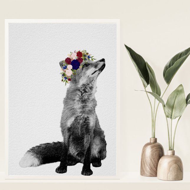 Impression d'art Renard Couronne de fleurs Noir Bl (Créateur téléchargé)