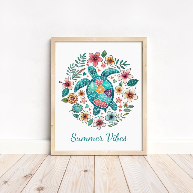 Impression d'art Tortue de mer Boho - Décoration m (Boho Sea Turtle Art Print - Ocean Wall Art in a neutral wooden frame on the floor)