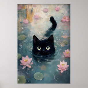 Impression de chat noir de nénuphar, chat dans l'e