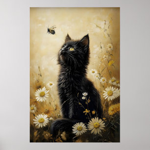 Impression de chat noir fleuri, affiche vintage de
