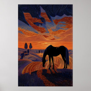 Impression de cheval minimaliste au coucher du sol