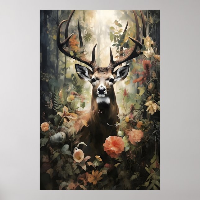Impression de forêt de cerfs floraux, Dark Academi (Devant)