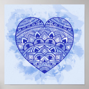 Impression de l'aquarelle bleu coeur Mandala