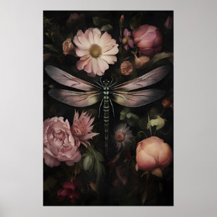 Impression de libellule Dark Academia, jardin flor