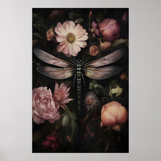 Impression de libellule Dark Academia, jardin flor (Devant)