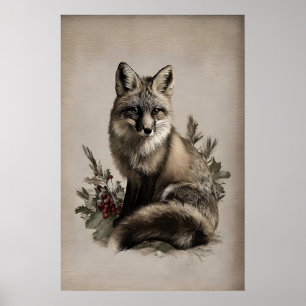 Impression de Noël vintage renard, Bois rustique