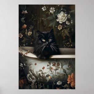 Impression de salle de bain de chat noir floral, g