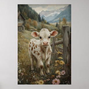 Impression de vache vintage, Ferme de fleurs de Pâ