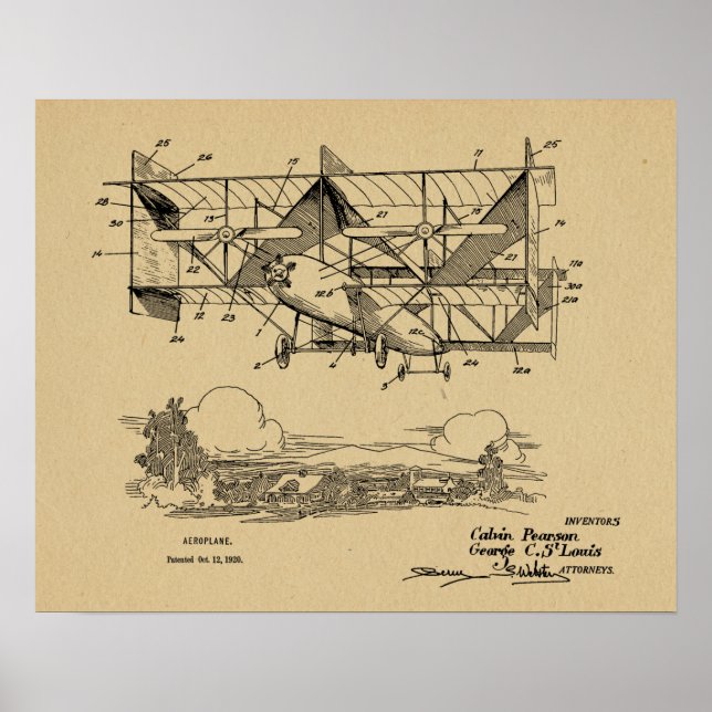 Impression du dessin de brevet d'avion Biplane Vin (Devant)