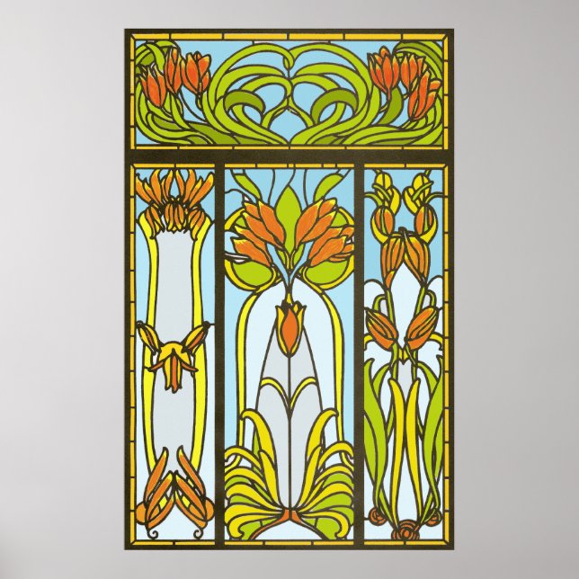 Impression florale Art déco en verre teint (Devant)