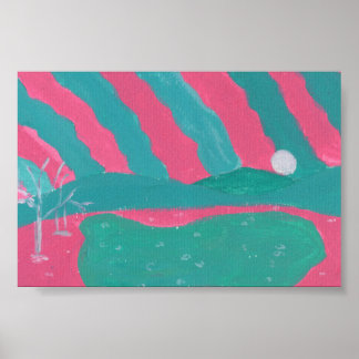 Impression minimaliste du paysage rose et vert