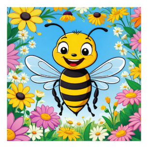 Impression Photo Abeille de dessin animé fleurs colorées 