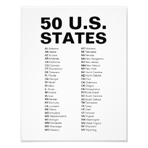 Impression Photo Abréviations des 50 États américains Noir & Blanc