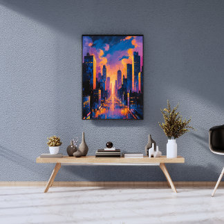 Impression Photo Abstrait Neon City Skyline Sunset Art numérique lu