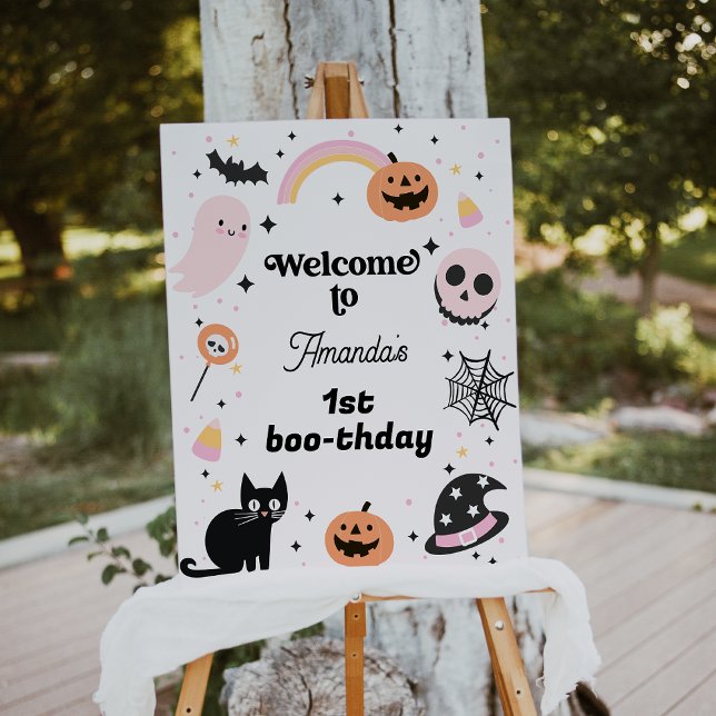 Impression Photo Affiche de bienvenue d'anniversaire Retro rose noi (Retro Halloween Birthday Welcome Sign, Hey Boo Birthday Welcome Sign, Girl Halloween Themed )