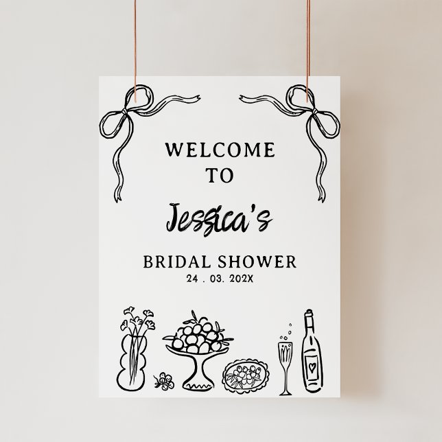 Impression Photo Affiche de bienvenue de Fête des mariées de dessin (Black Hand Drawn Whimsical Bridal Shower Welcome Sign Bow Food Drinks Black Illustration Bridal )