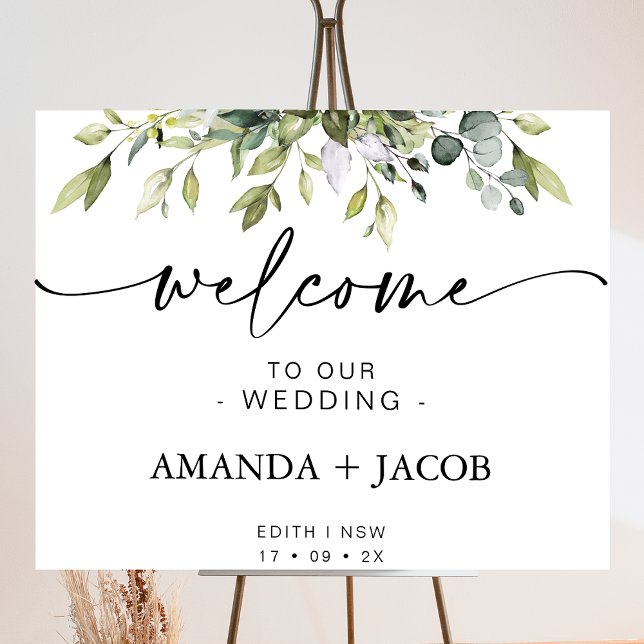 Impression Photo Affiche de bienvenue Mariage de calligraphie de fe (Foliage of greenery wedding welcome sign featuring a modern calligraphy heading with swash tails.)