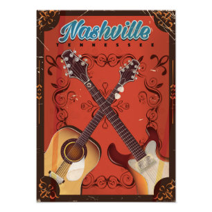 Impression Photo Affiche de voyage vintage de guitare de Nashville,