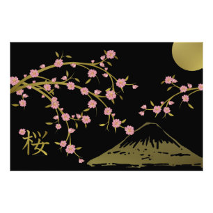 Impression Photo Affiche japonaise écran or noir Sakura rose