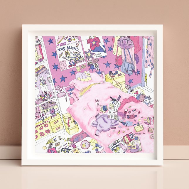 Impression Photo Amusante Adolescente Filles Messy Chambre Mignonne (Funny teen girls messy pink bedroom watercolor artwork)