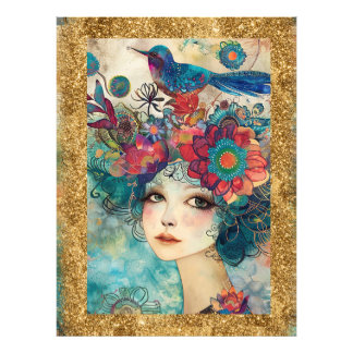 Impression Photo *~ AP95 Femme Fantaisiste Florale  Or  Paillettes 