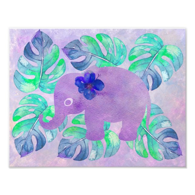Impression Photo Aquarelle Elephant Jungle Tropical Monstera Feuill (Devant)