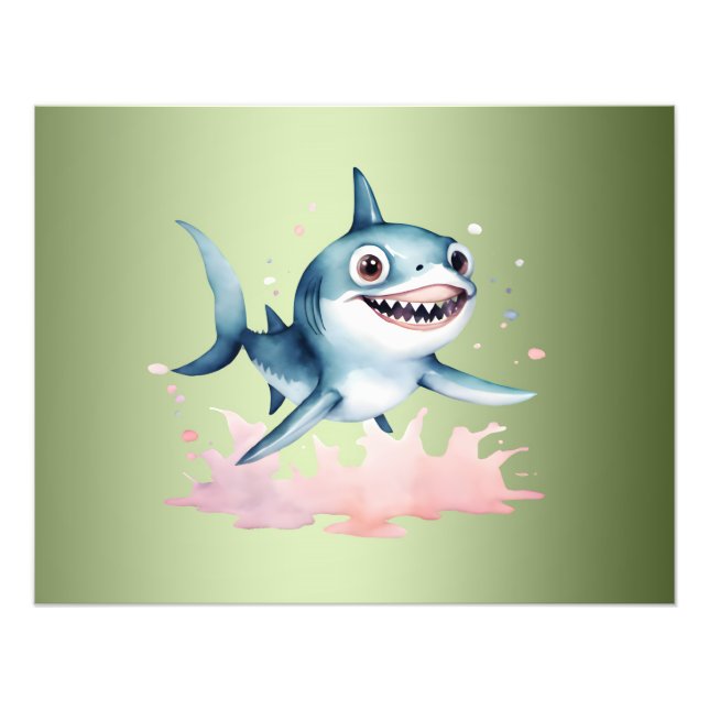 Impression Photo Aquarelle main tiré mignon jouant bébé requin (Devant)