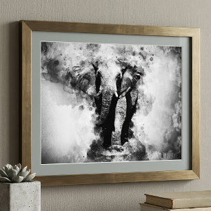 Impression Photo Aquarelle noire et blanche africaine Eléphant