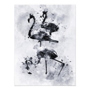 Impression Photo Aquarelle noire et blanche de trois Flamants roses