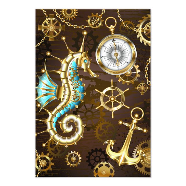 Impression Photo Arrière - plan en bois avec cheval de mer mécaniqu (Devant)