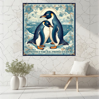 Impression Photo Art Deco Penguin Ice Bird Couple Snow Ocean Floral