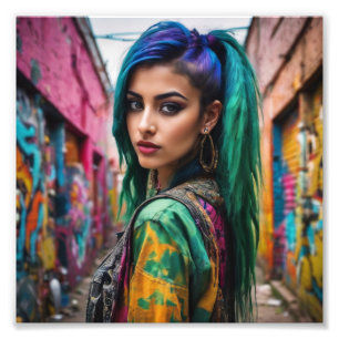 Impression Photo Asiatique Punk Girl avec cheveux et veste multicol