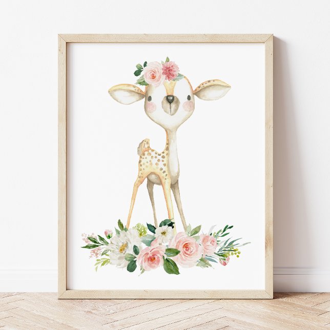 Impression Photo Baby Deer, Animaux Boisés, Boho, Fleurs Roses (Créateur téléchargé)
