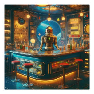 Impression Photo Barman Robot dans un Bar Interstellaire à l'Âge de