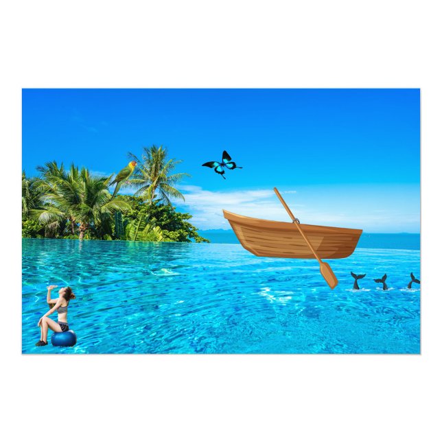 Impression Photo Bateau de pêche (A digital illustration features a vibrant tropical scene with a woman, a boat, and various elements!)
