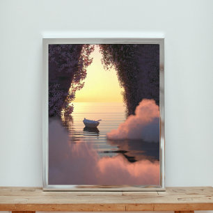 Impression Photo Bateau flottant sur l'océan au coucher du soleil