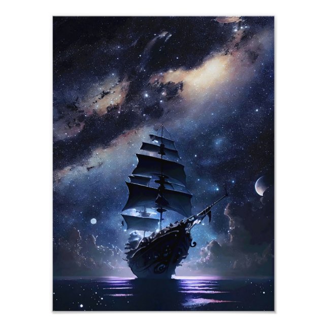 Impression Photo Bateau pirate sur la mer sous le ciel nocturne (Devant)