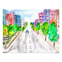 Bâtiments bordés d'arbres Boulevard Ville Aquarell