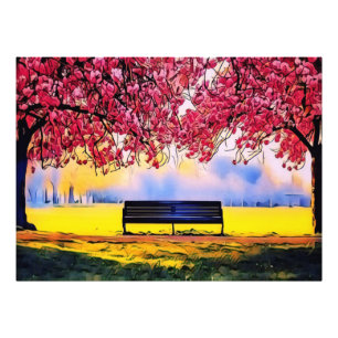 Impression Photo Beau paysage avec cerisiers et banc